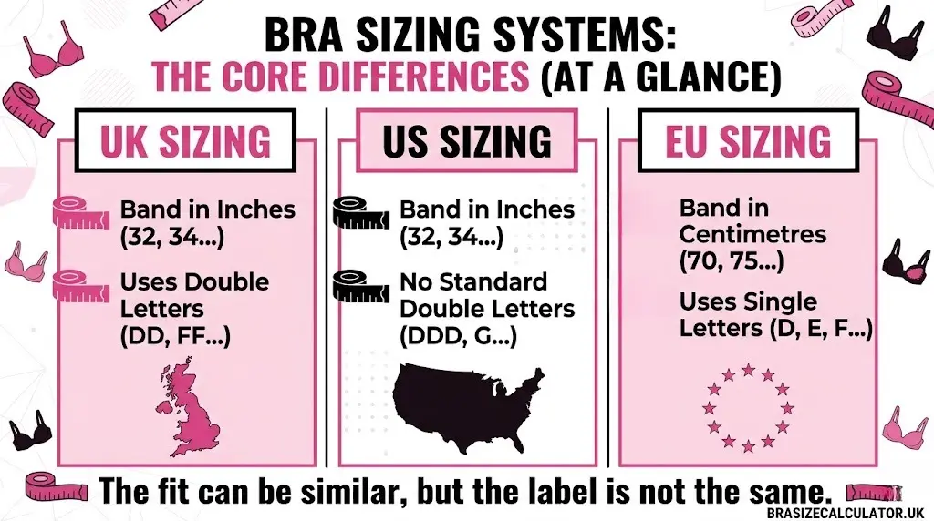 differences in how the three systems measure bands and cups.